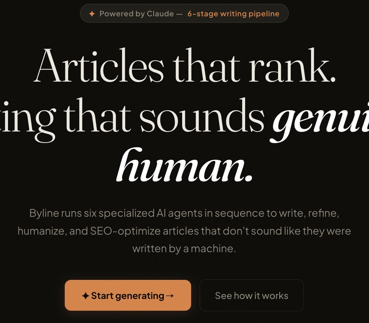 The Byline hero: pipeline badge, headline, subhead, and calls to action