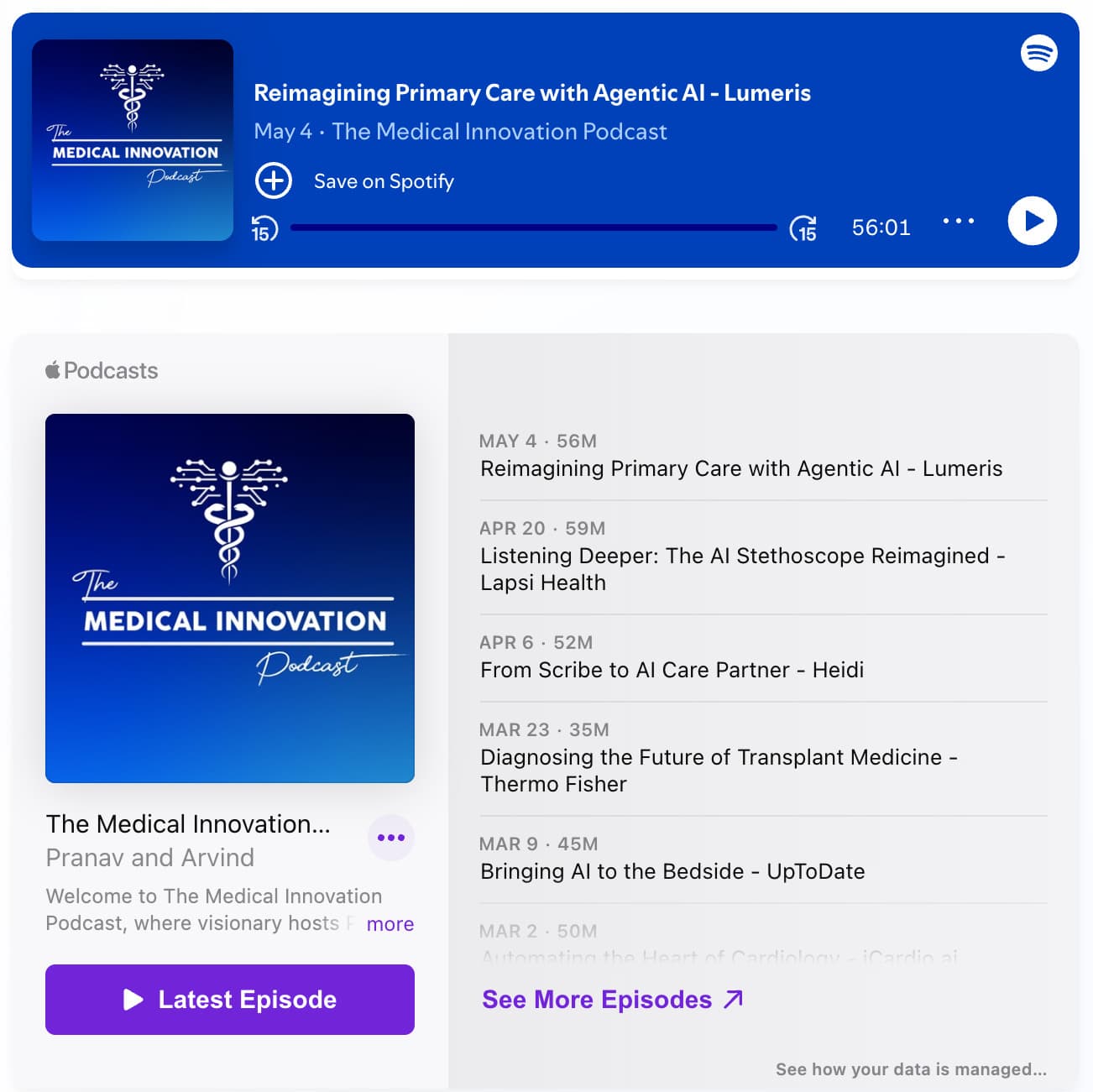 Live Spotify player and Apple Podcasts episode feed embedded on the homepage