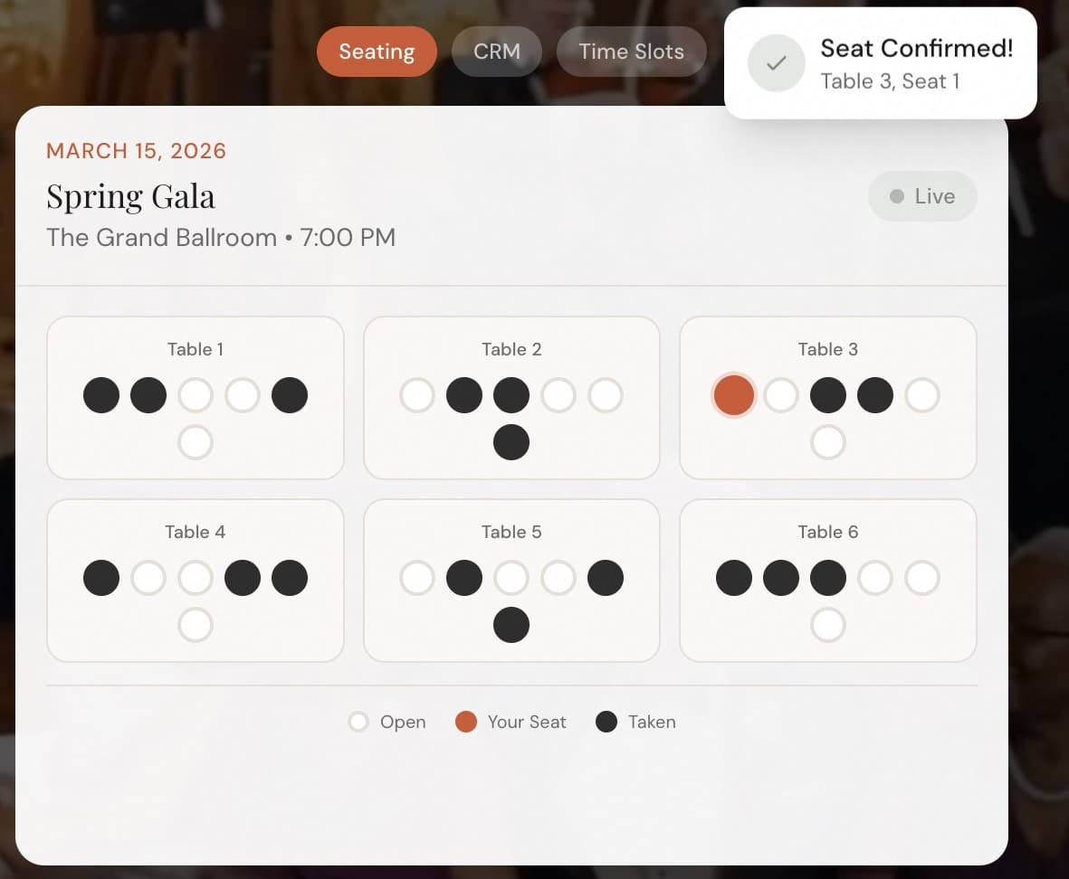 The Sitr seat map with a live event, table grid, and seat confirmation