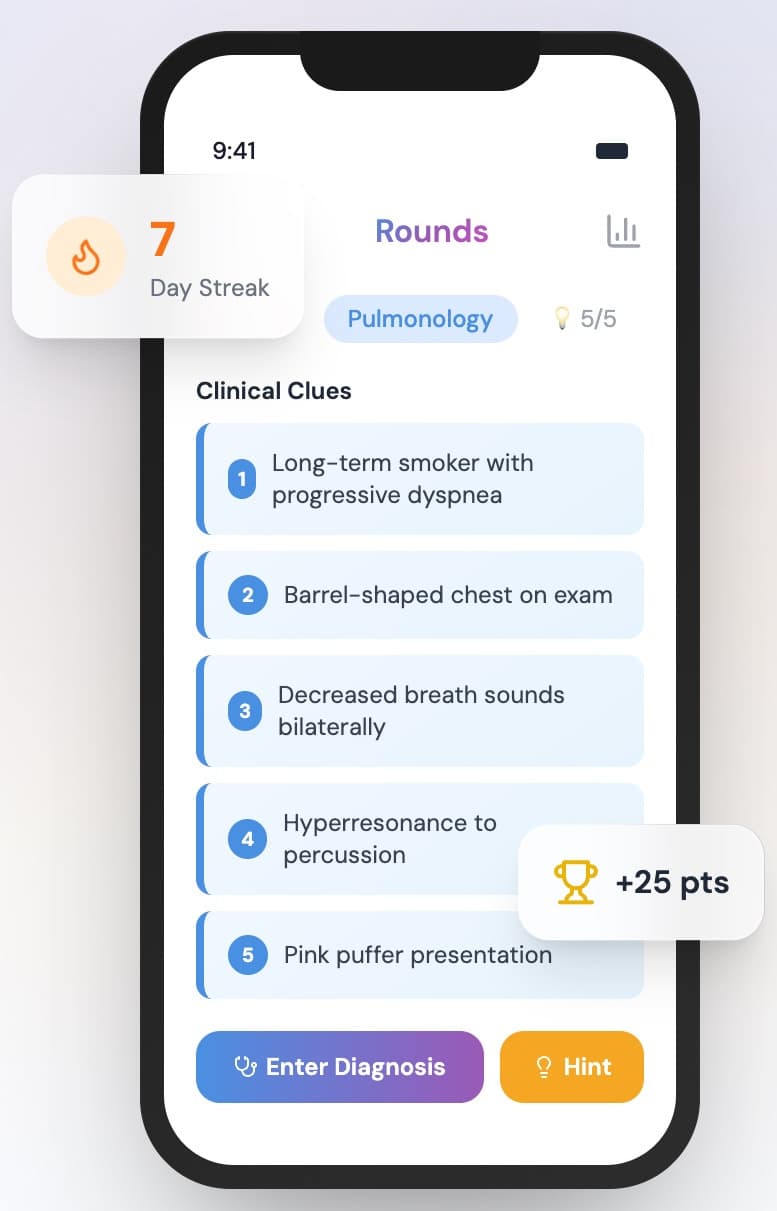 The Rounds app interface mid-case, with streak and points