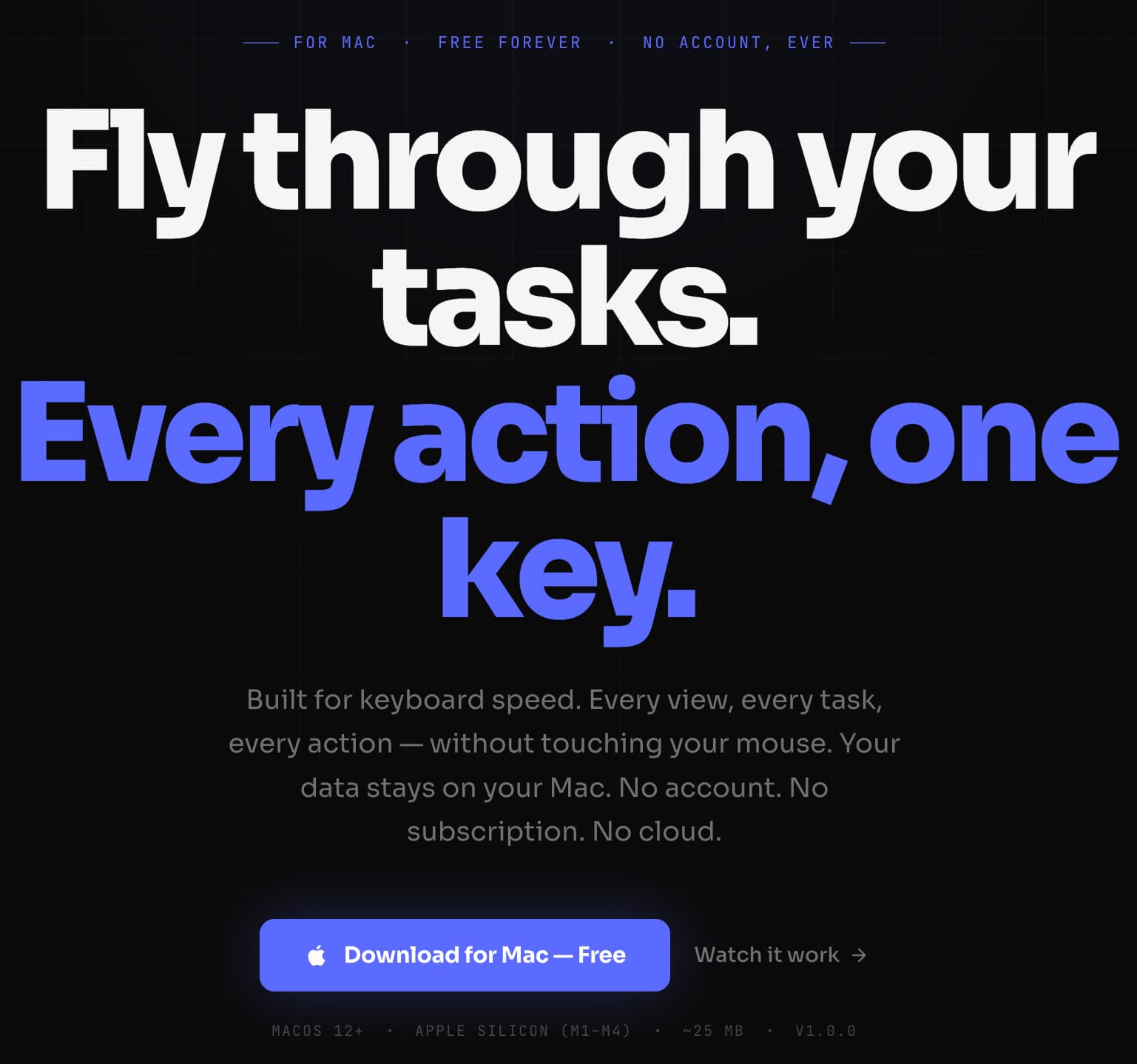The SuperTasks hero: spec eyebrow, split headline, subhead, download, and requirements